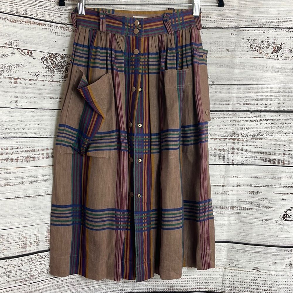 Escada Brown Plaid Midi Skirt with Blue and Purple Stripes - Picture 3 of 11